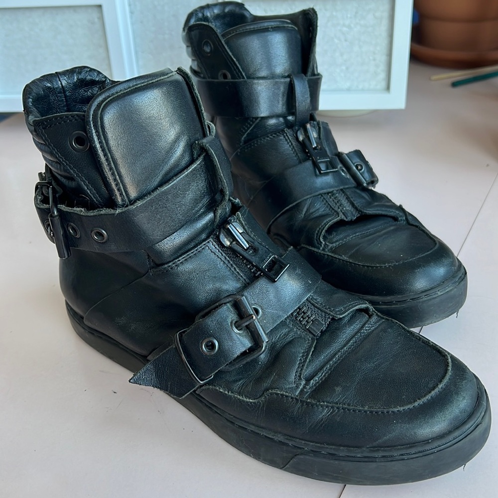 AllSaints Black Leather, High-Top Sneakers. Size 38